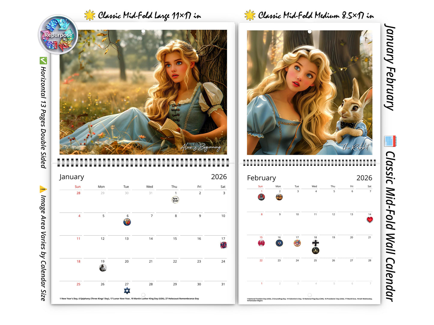 2026 Alice in Wonderland Wall Calendar by Kaleidoscope Artisan – Storybook Adventures with Holidays