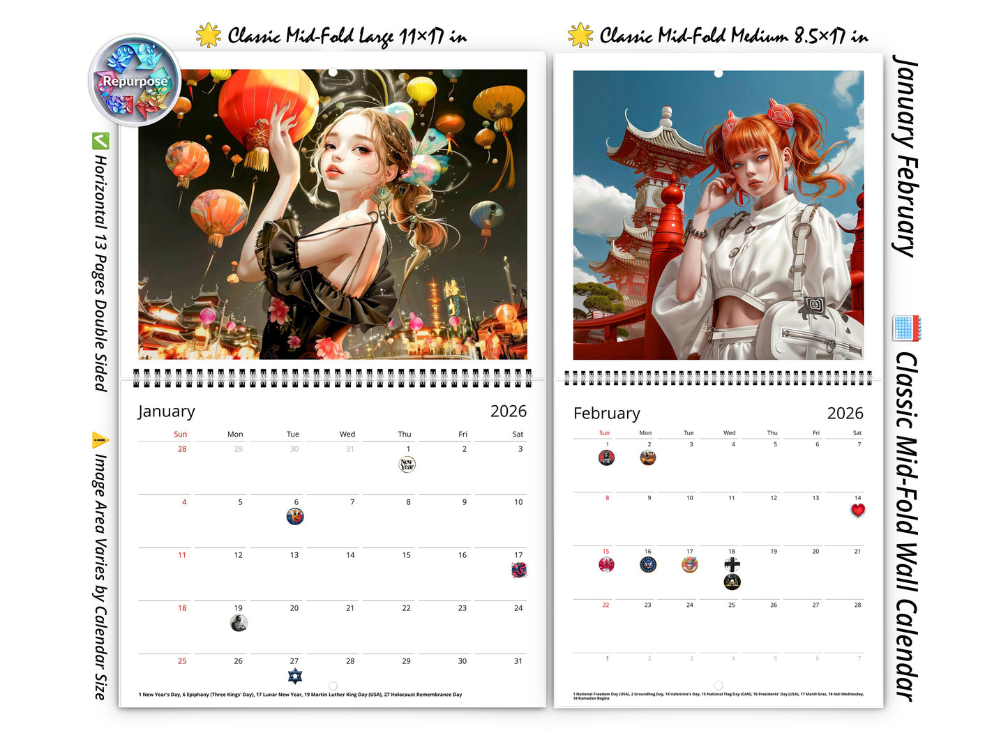 2026 Anime Tourist Wall Calendar by Kaleidoscope Artisan β Global Adventures with Holidays