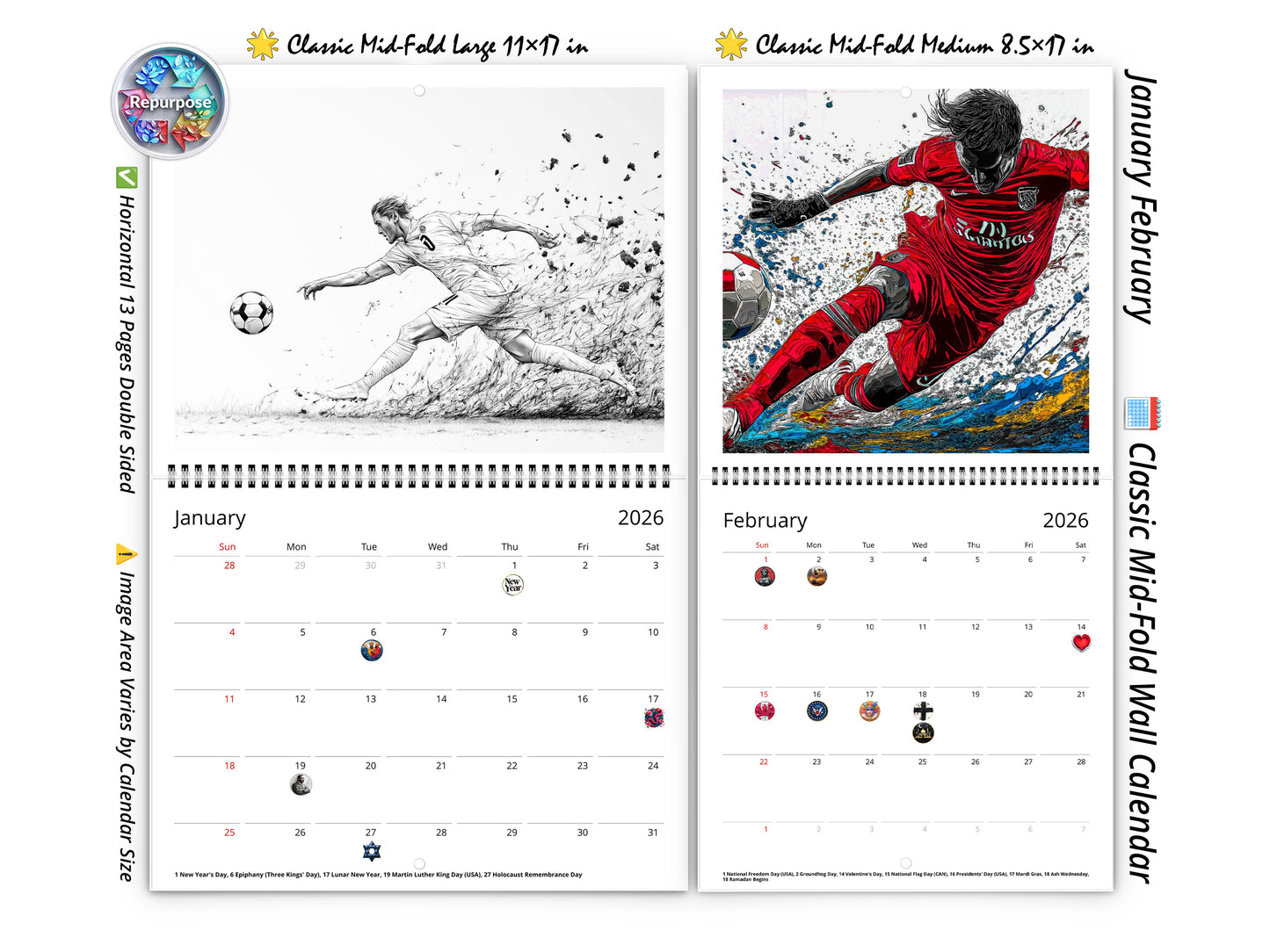 2026 Artistic Soccer Wall Calendar by Kaleidoscope Artisan – Dynamic Sports Art with Holidays