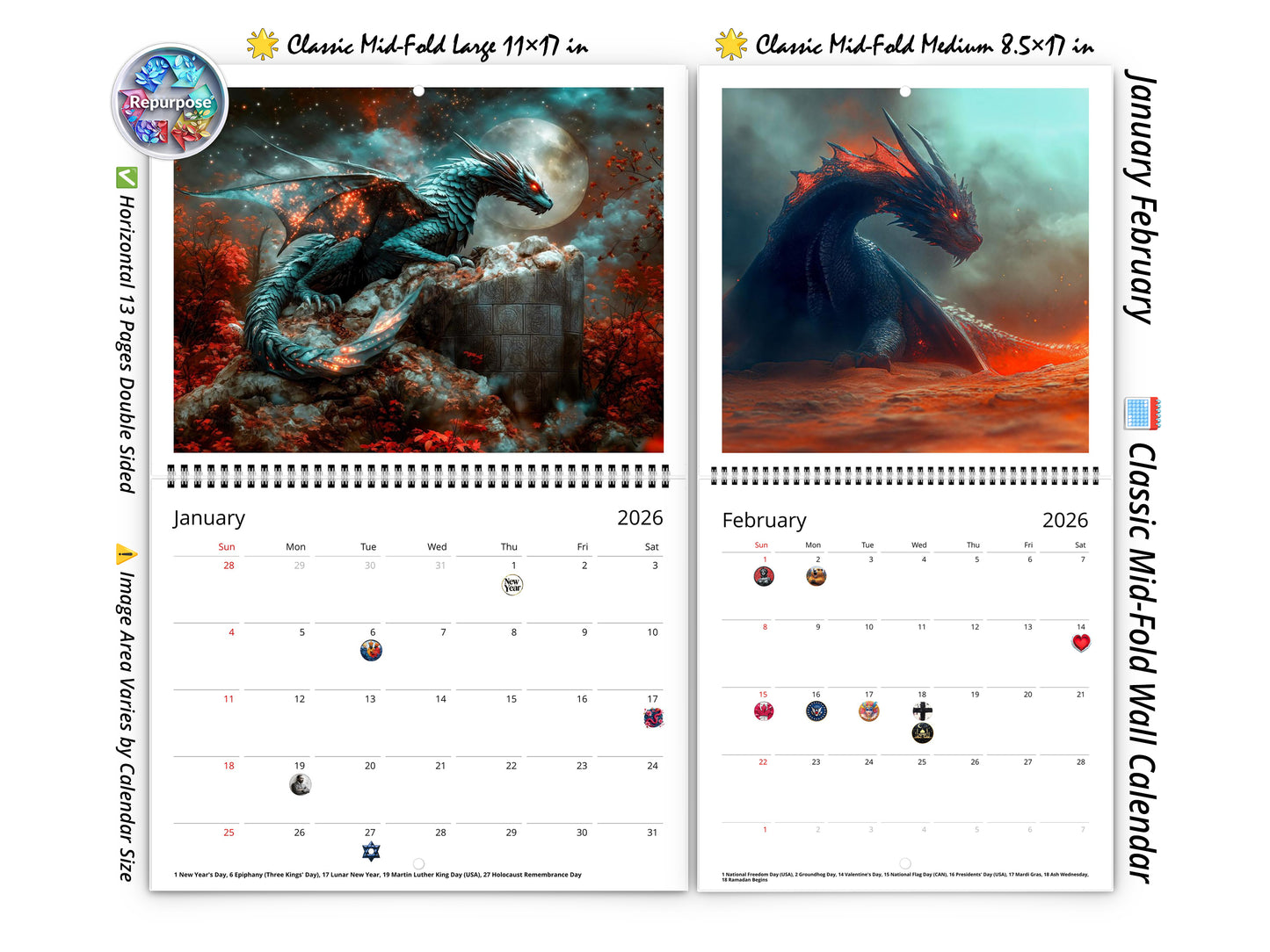 2026 Dragon Dark Wall Calendar by Kaleidoscope Artisan – Mystical Guardians of the Night with Holidays