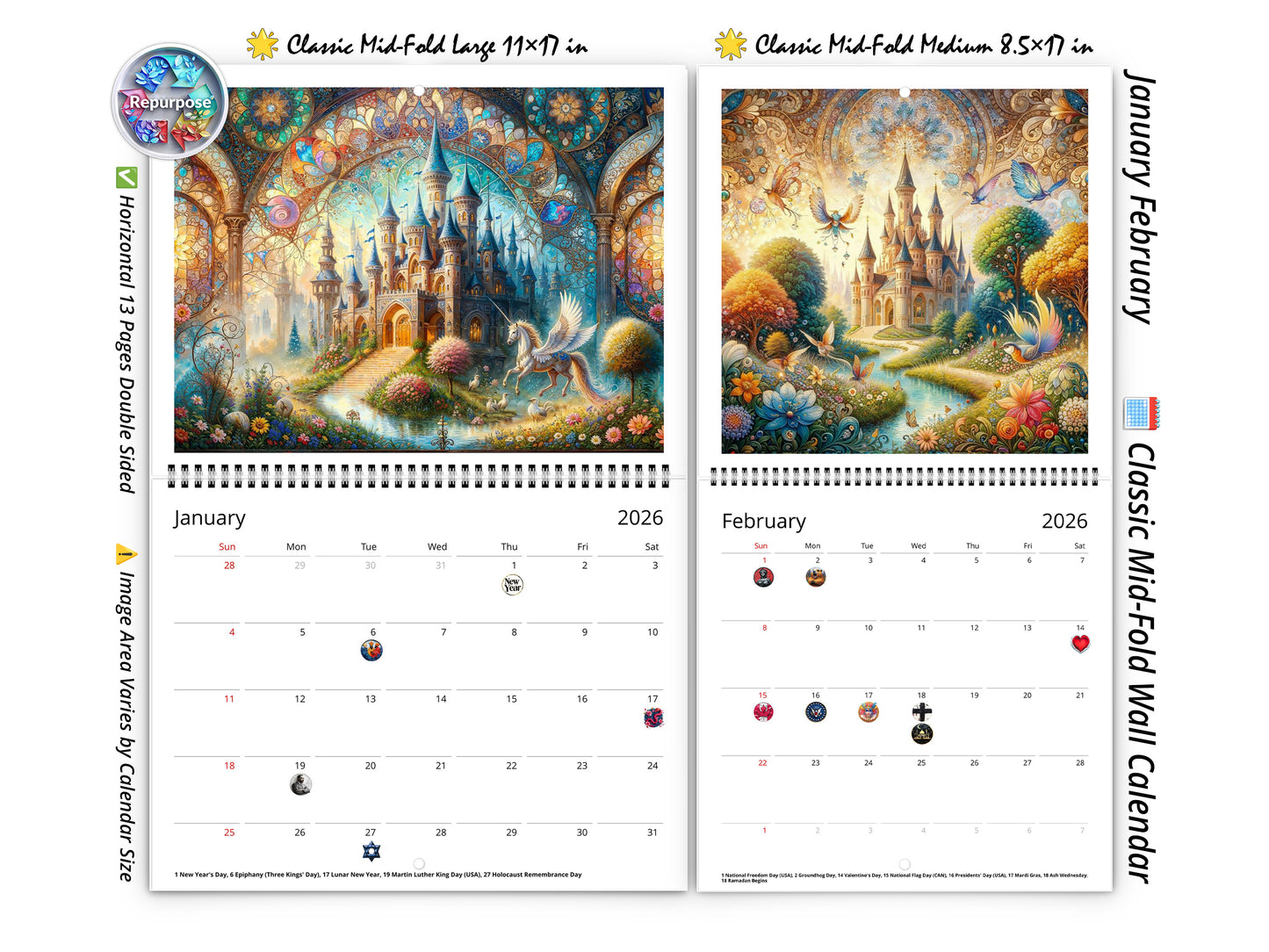 2026 Enchanted Moments Wall Calendar by Kaleidoscope Artisan – Magical Fairytale Realms with Holidays