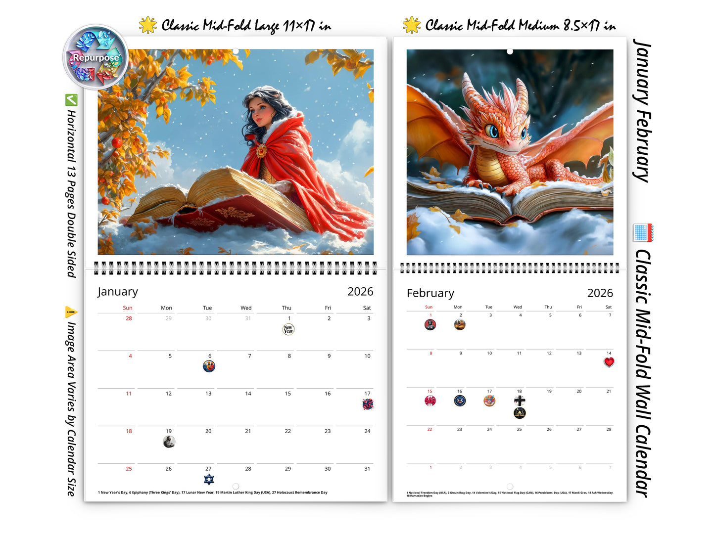 2026 Fairytale Books Wall Calendar by Kaleidoscope Artisan – Enchanted Stories with Holidays