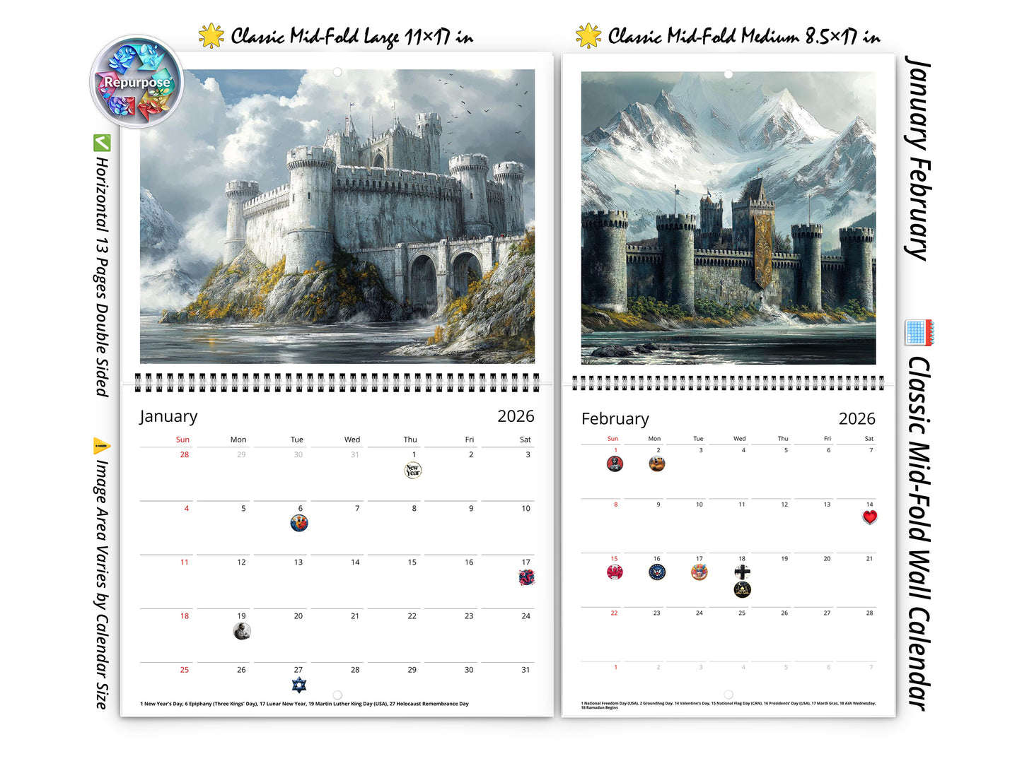 2026 Fantasy Castle Wall Calendar by Kaleidoscope Artisan – Mystical Kingdoms with Holidays