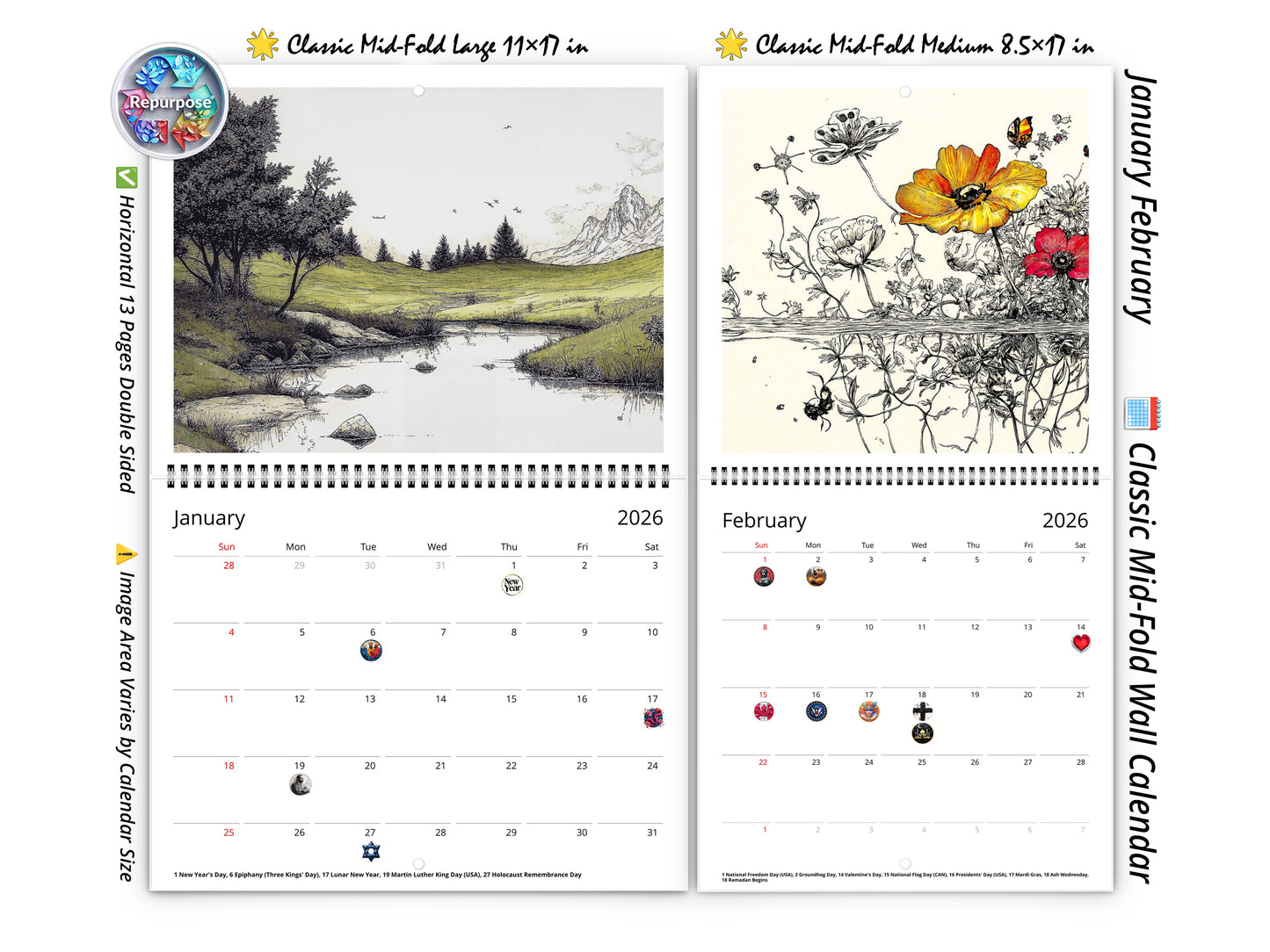 2026 Illustrated Moments Wall Calendar by Kaleidoscope Artisan – Captivating Artistic Scenes with Holidays