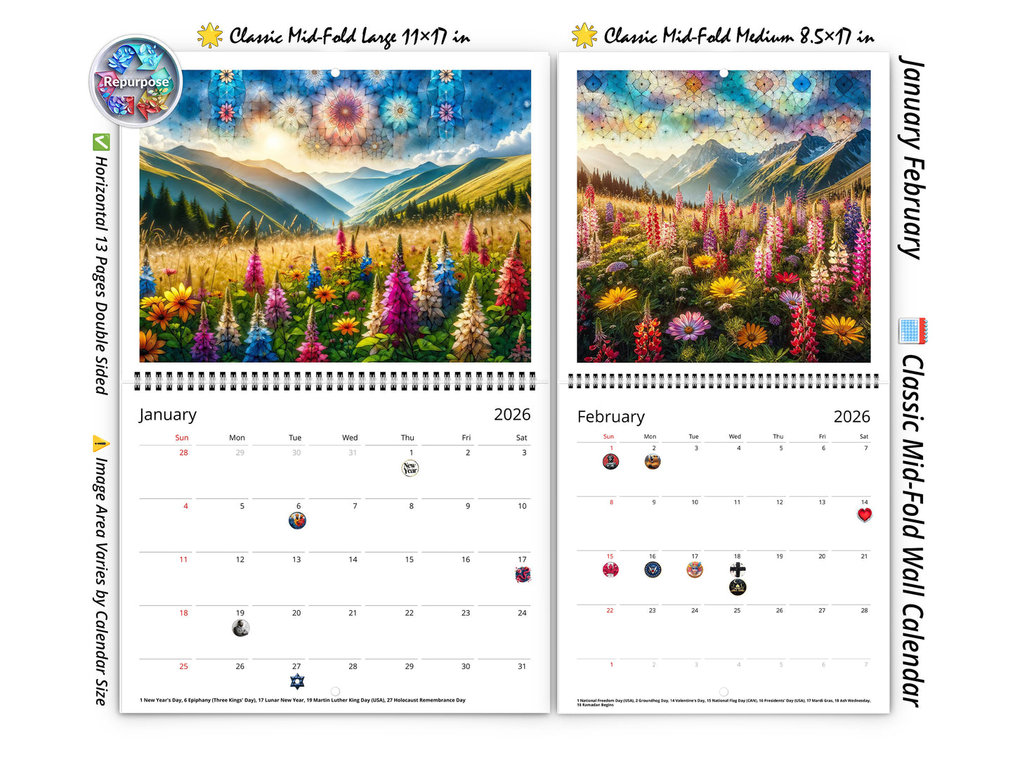 Calendario de pared de flores silvestres de montaña 2026 de Kaleidoscope Artisan: flores alpinas con festividades