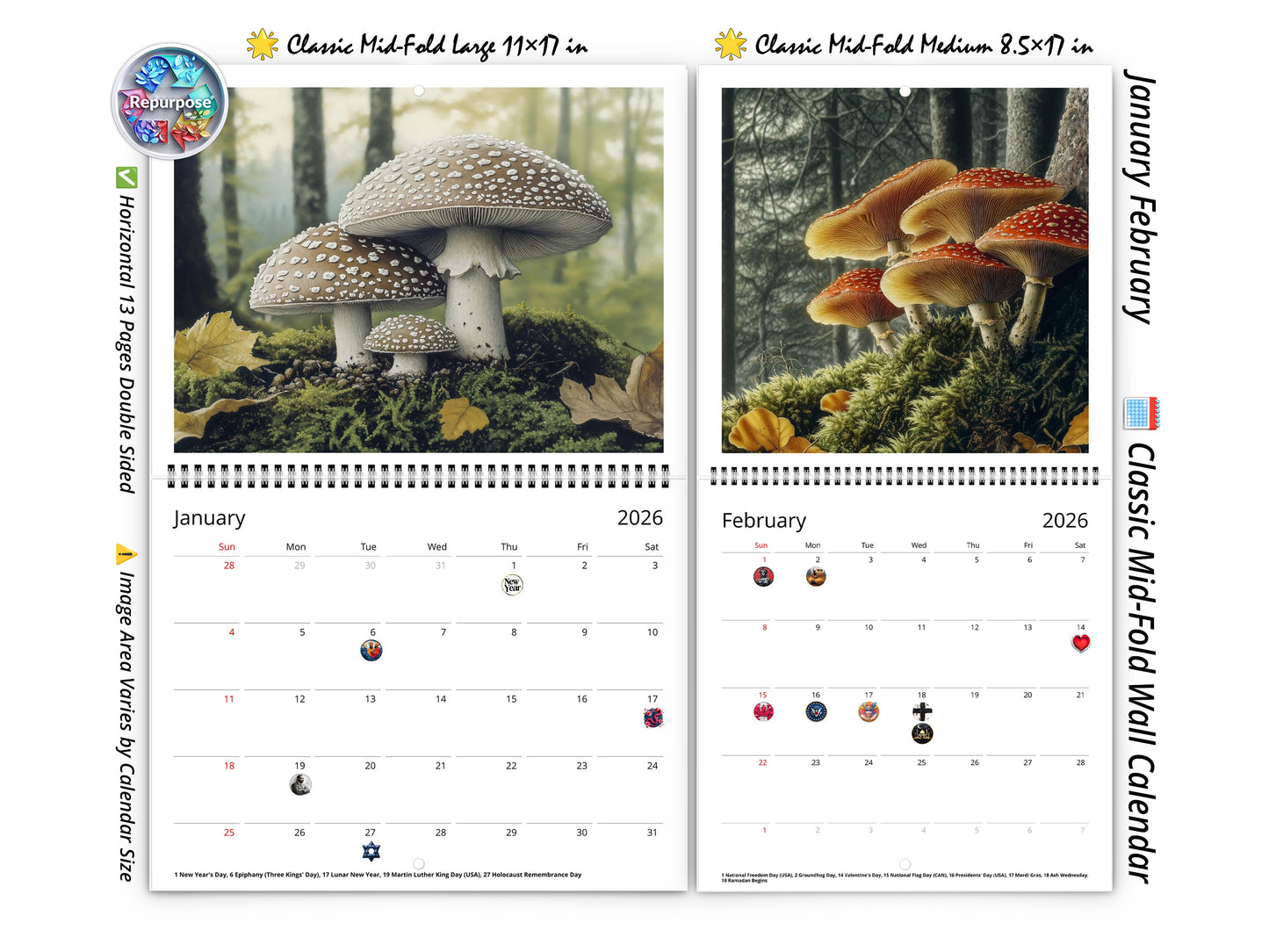 2026 Wild Mushrooms Wall Calendar by Kaleidoscope Artisan – Woodland Wonders with Holidays