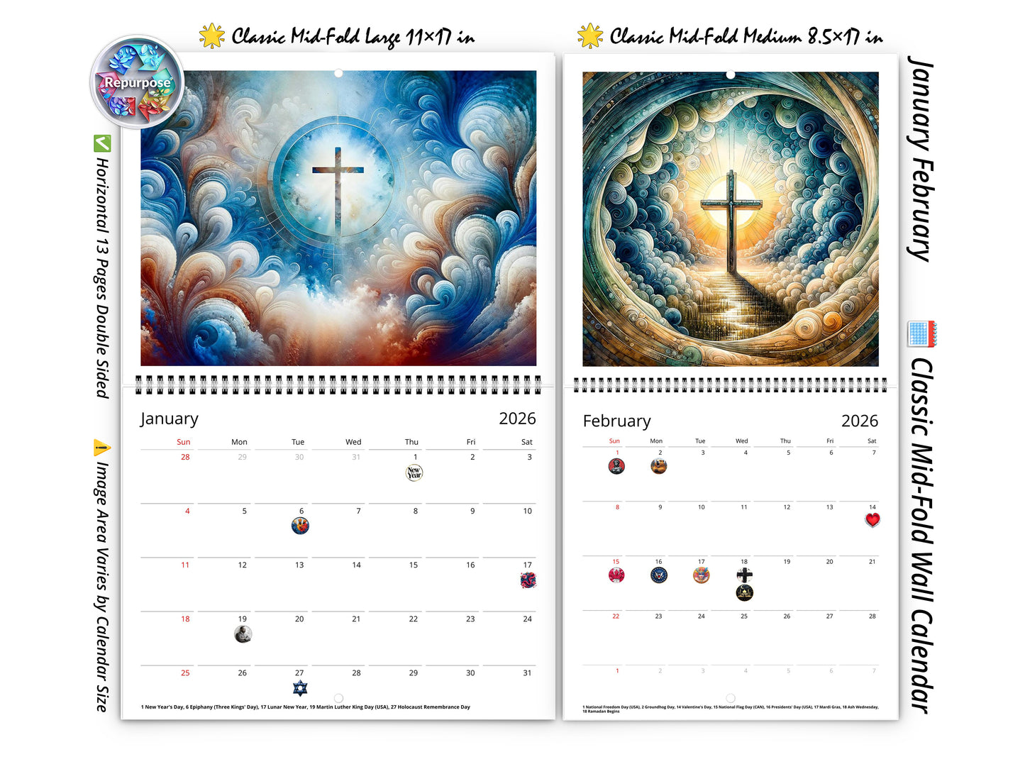 2026 Radiant Cross Wall Calendar by Kaleidoscope Artisan – Inspirational Art with Holidays