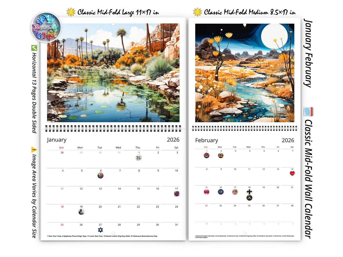2026 Surreal Canyon Wall Calendar by Kaleidoscope Artisan – Desert Dreams with Holidays