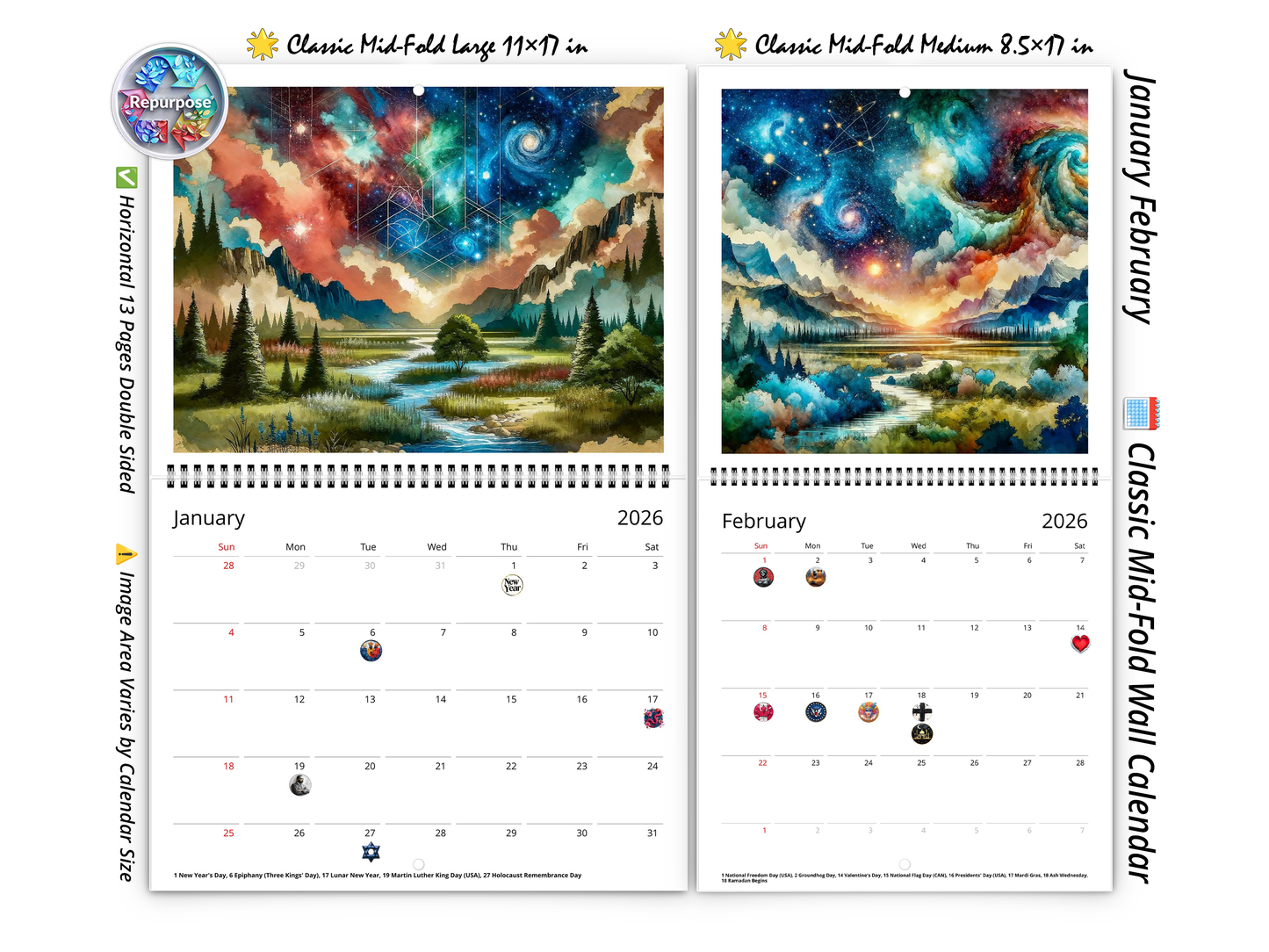 2026 Watercolor Horizons Wall Calendar by Kaleidoscope Artisan – Ethereal Landscape Art with Holidays