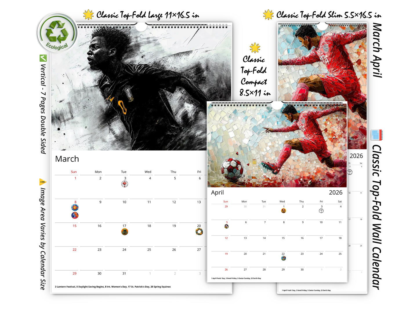 2026 Artistic Soccer Wall Calendar by Kaleidoscope Artisan – Dynamic Sports Art with Holidays