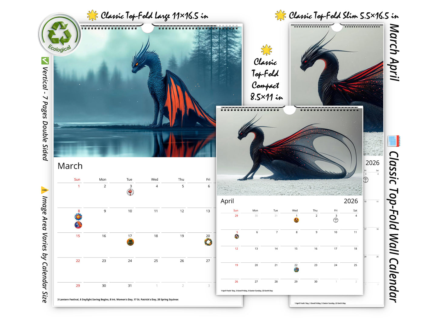 2026 Dragon Dark Wall Calendar by Kaleidoscope Artisan – Mystical Guardians of the Night with Holidays