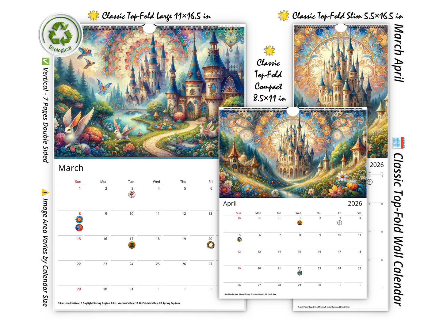 2026 Enchanted Moments Wall Calendar by Kaleidoscope Artisan – Magical Fairytale Realms with Holidays