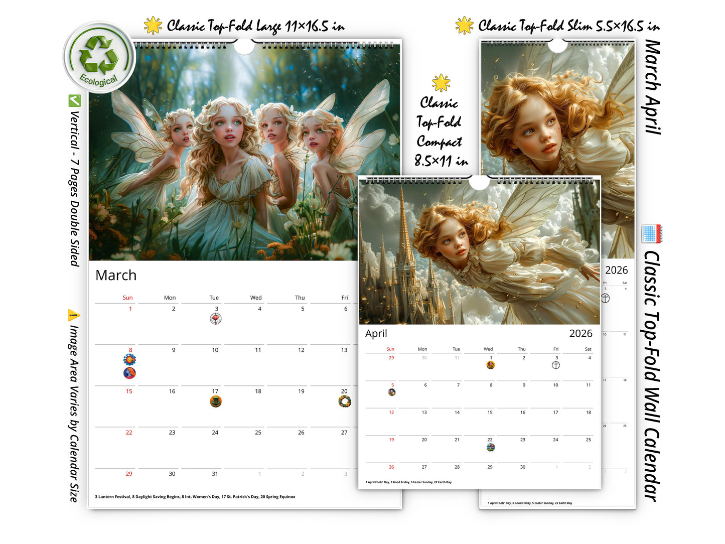 2026 Fairy Princess Wall Calendar by Kaleidoscope Artisan – Charming Fantasy with Holidays