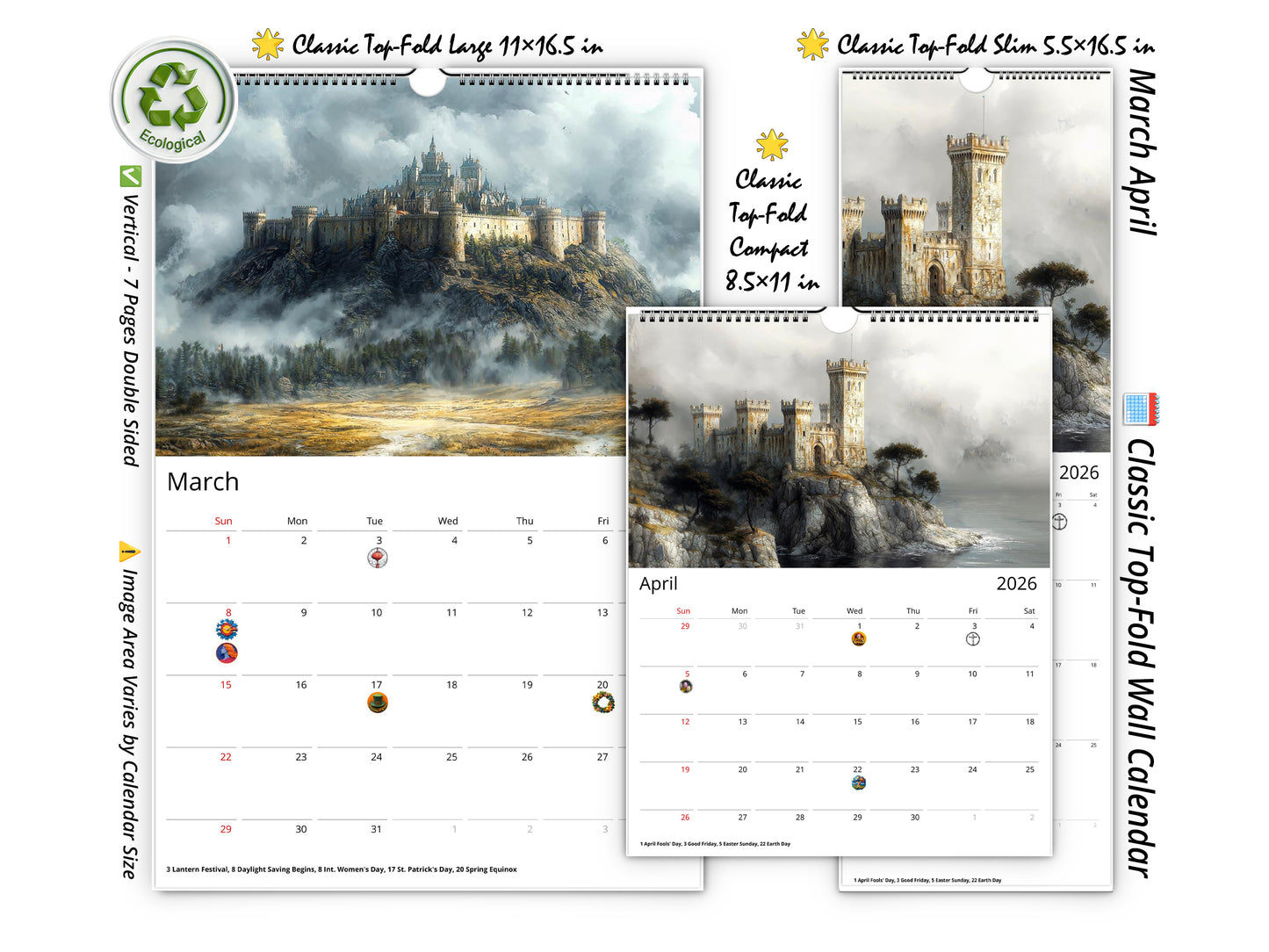 2026 Fantasy Castle Wall Calendar by Kaleidoscope Artisan – Mystical Kingdoms with Holidays