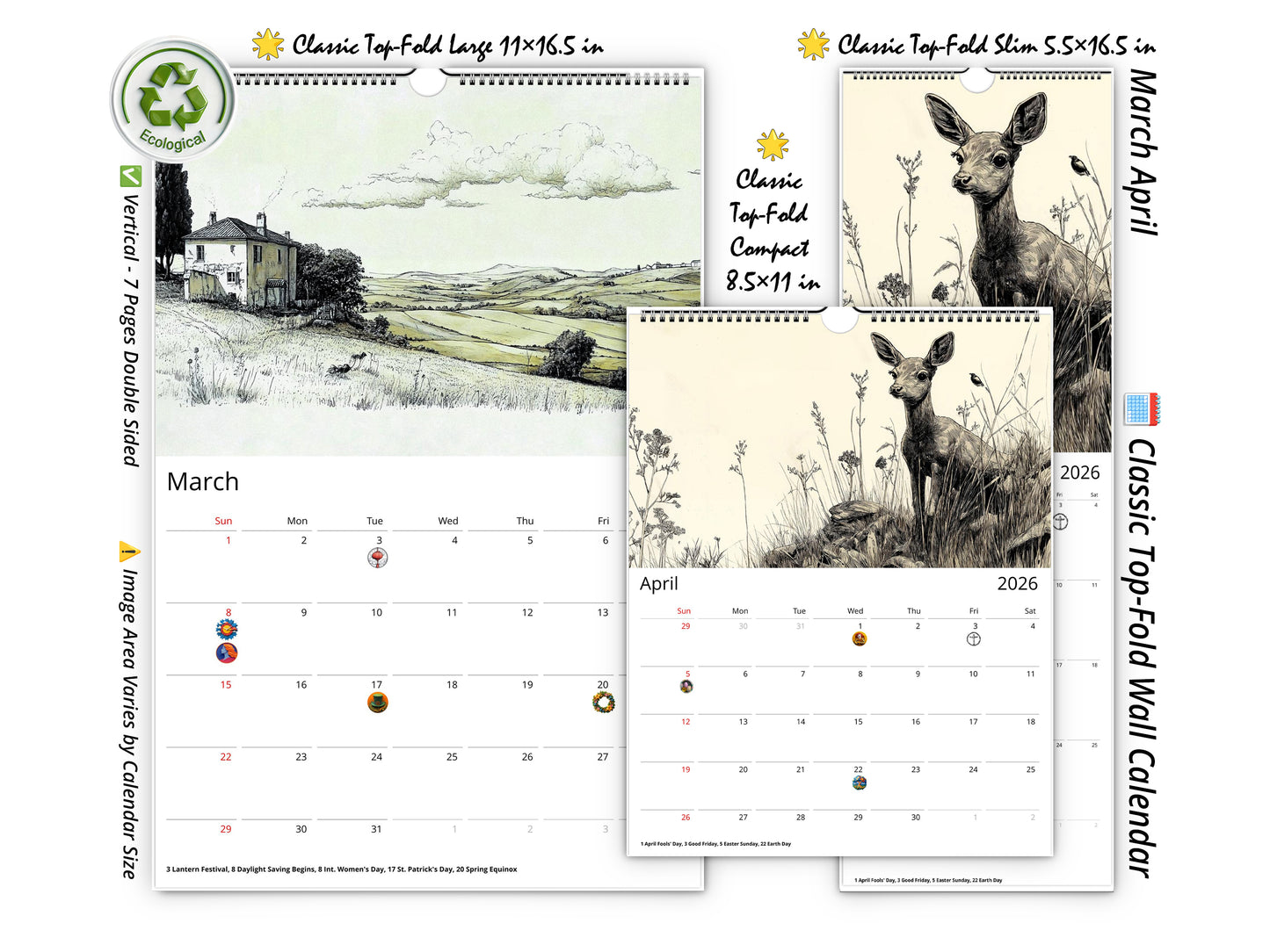 2026 Illustrated Moments Wall Calendar by Kaleidoscope Artisan – Captivating Artistic Scenes with Holidays