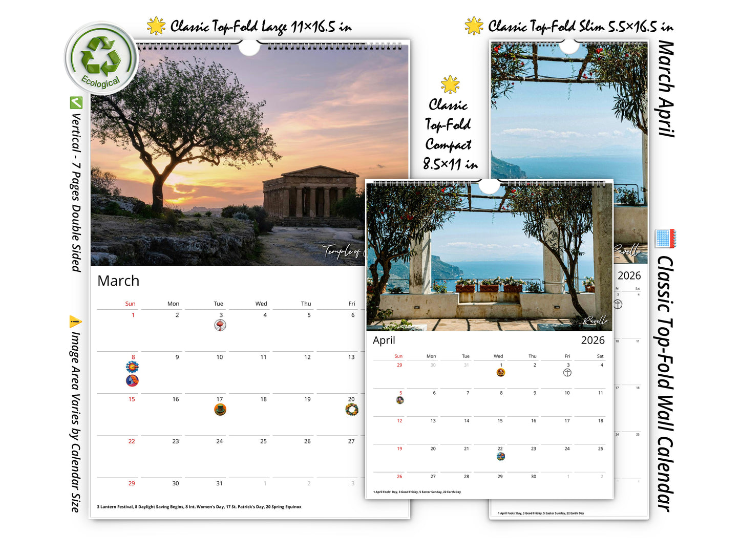 2026 Italy Vistas Photography Wall Calendar by Kaleidoscope Artisan – Captivating Landscapes with Holidays