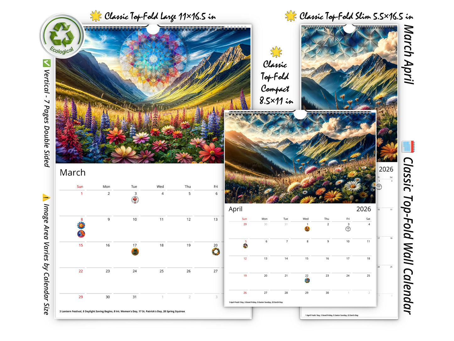Calendario de pared de flores silvestres de montaña 2026 de Kaleidoscope Artisan: flores alpinas con festividades