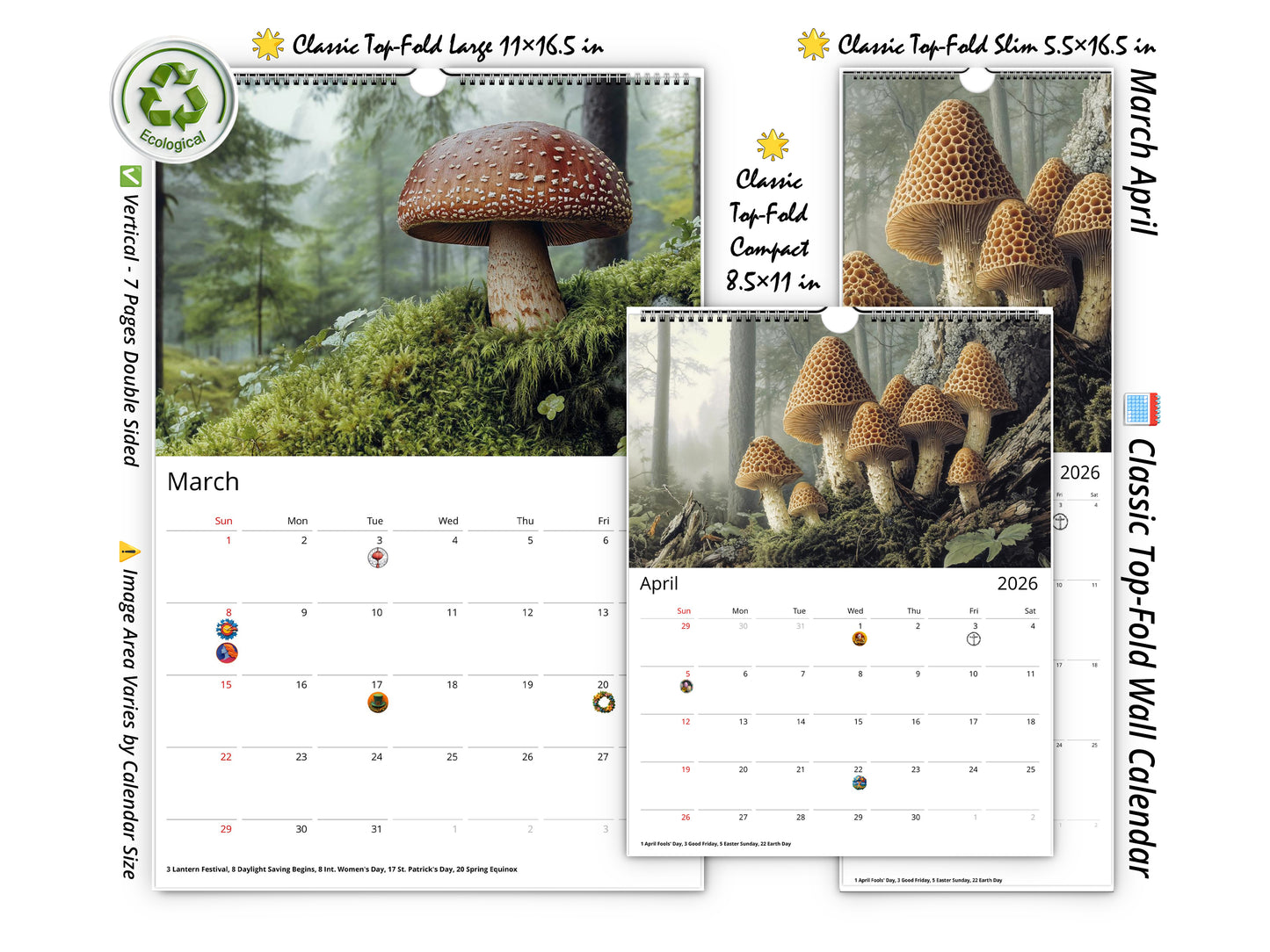 2026 Wild Mushrooms Wall Calendar by Kaleidoscope Artisan – Woodland Wonders with Holidays
