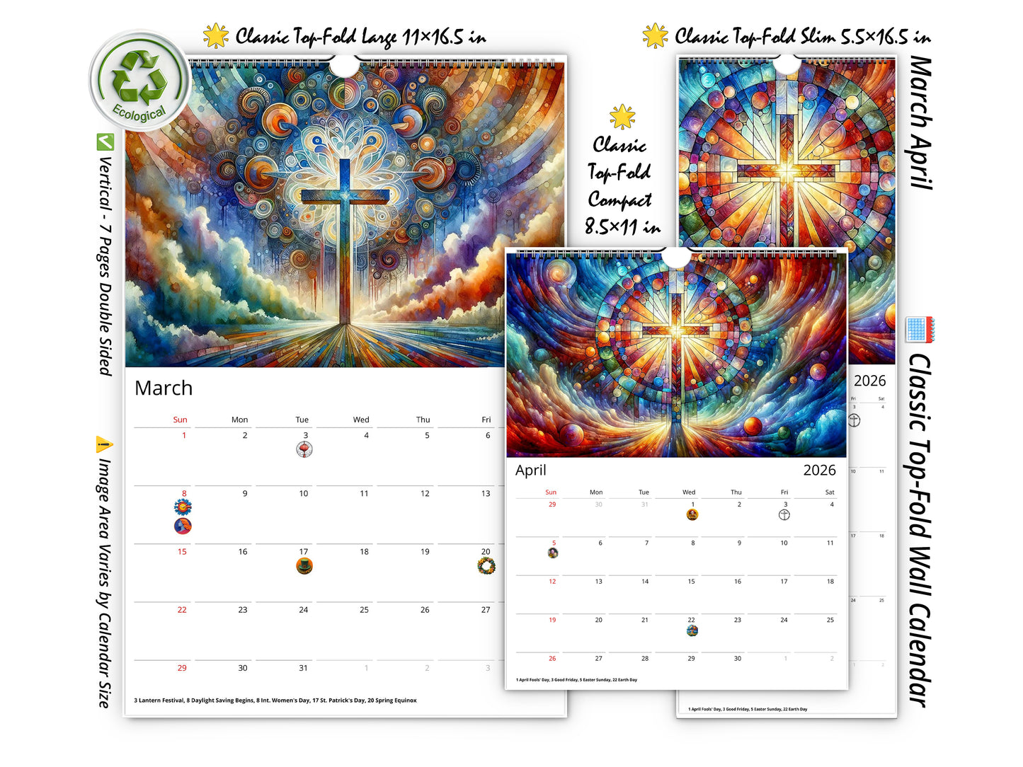 2026 Radiant Cross Wall Calendar by Kaleidoscope Artisan – Inspirational Art with Holidays