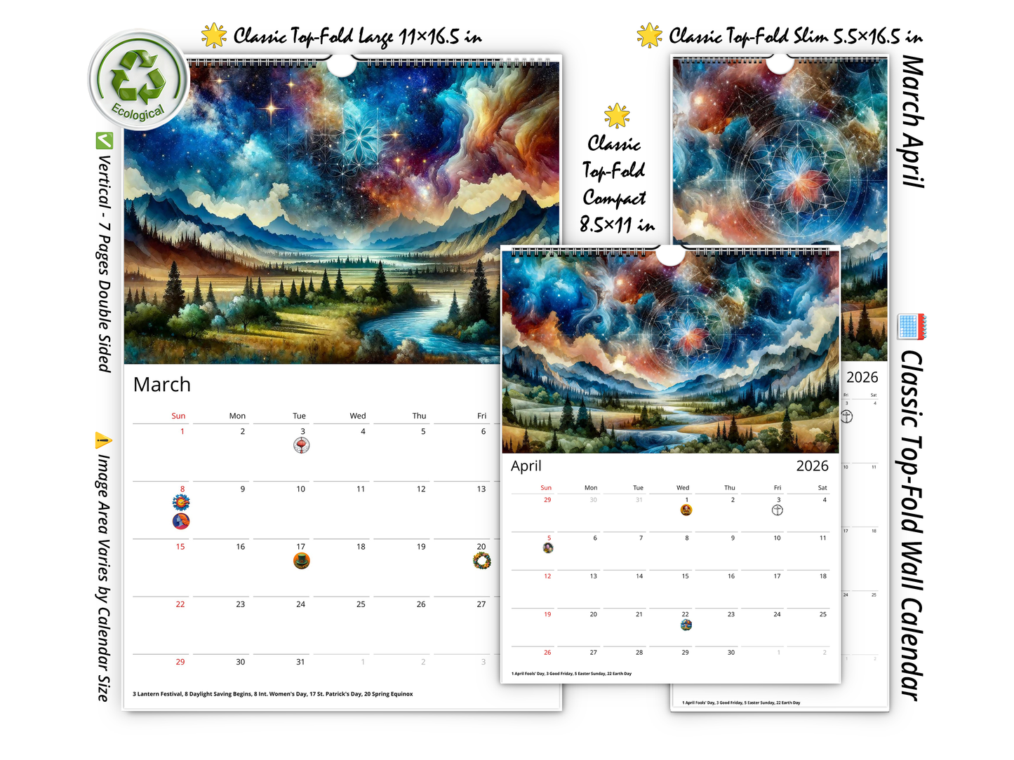 2026 Watercolor Horizons Wall Calendar by Kaleidoscope Artisan – Ethereal Landscape Art with Holidays
