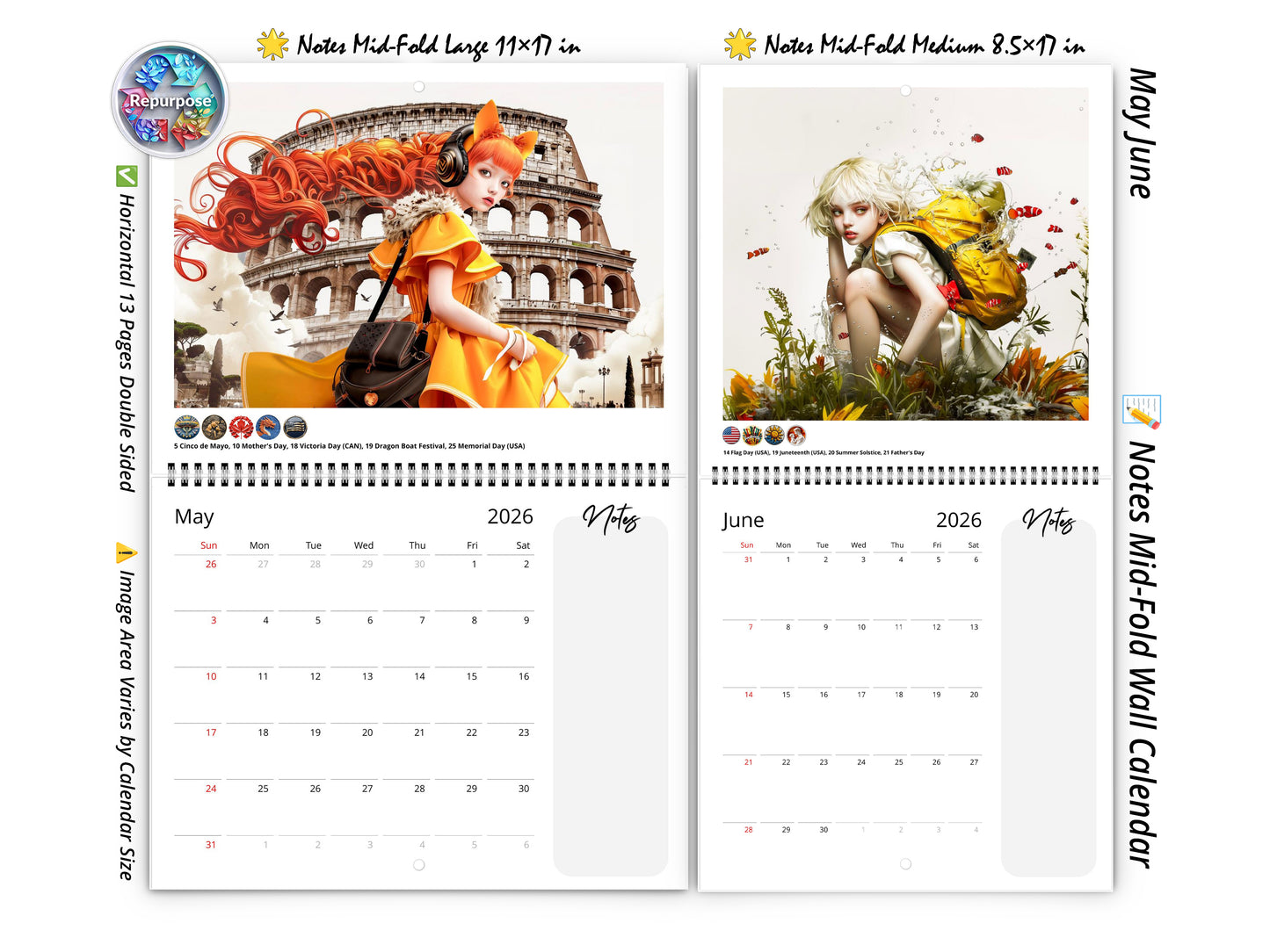2026 Anime Tourist Wall Calendar by Kaleidoscope Artisan β Global Adventures with Holidays