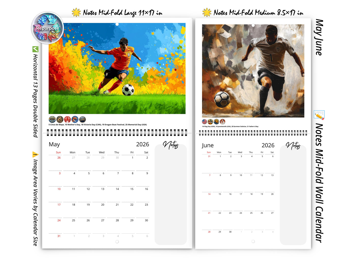2026 Artistic Soccer Wall Calendar by Kaleidoscope Artisan – Dynamic Sports Art with Holidays
