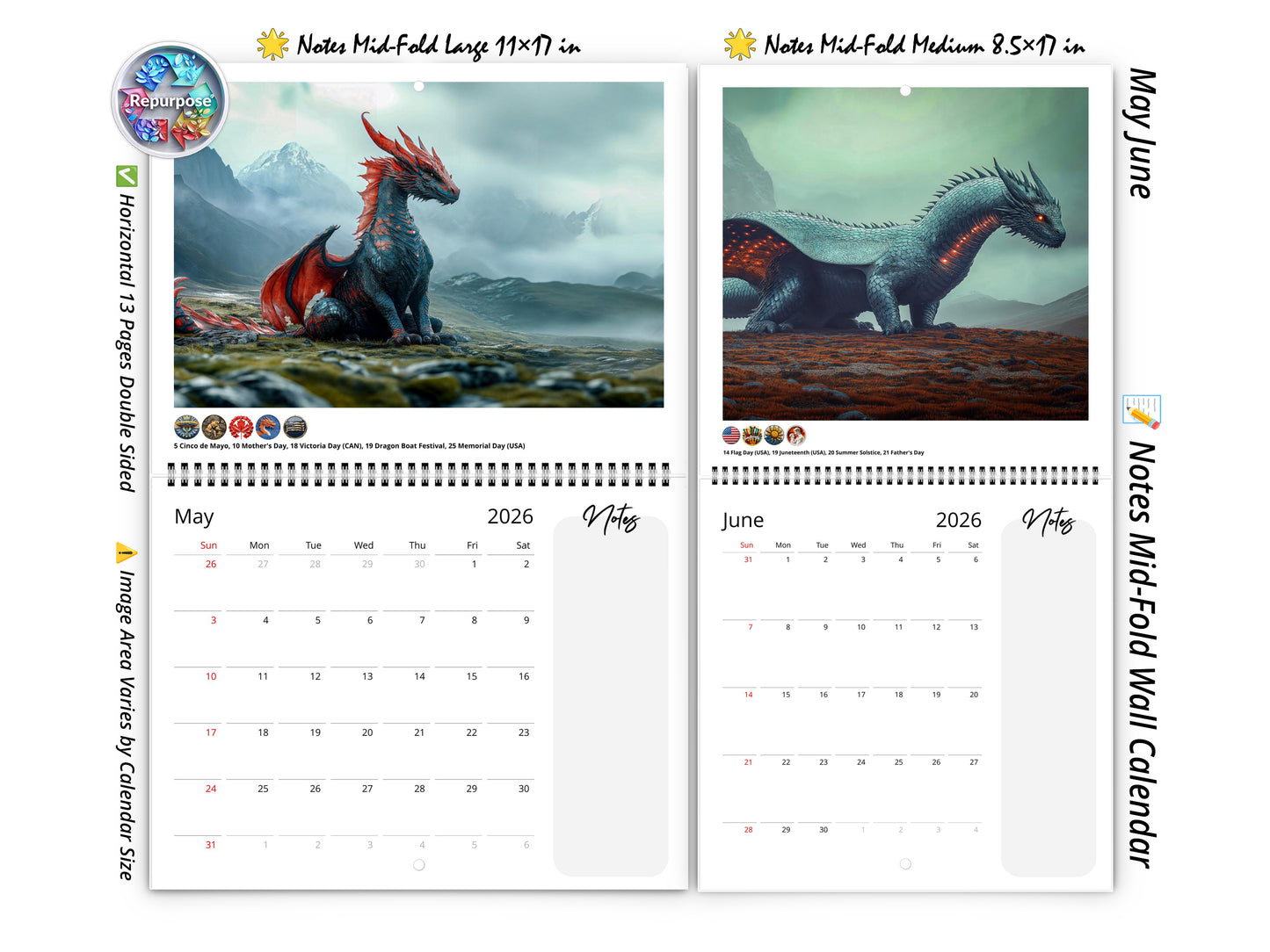 2026 Dragon Dark Wall Calendar by Kaleidoscope Artisan – Mystical Guardians of the Night with Holidays