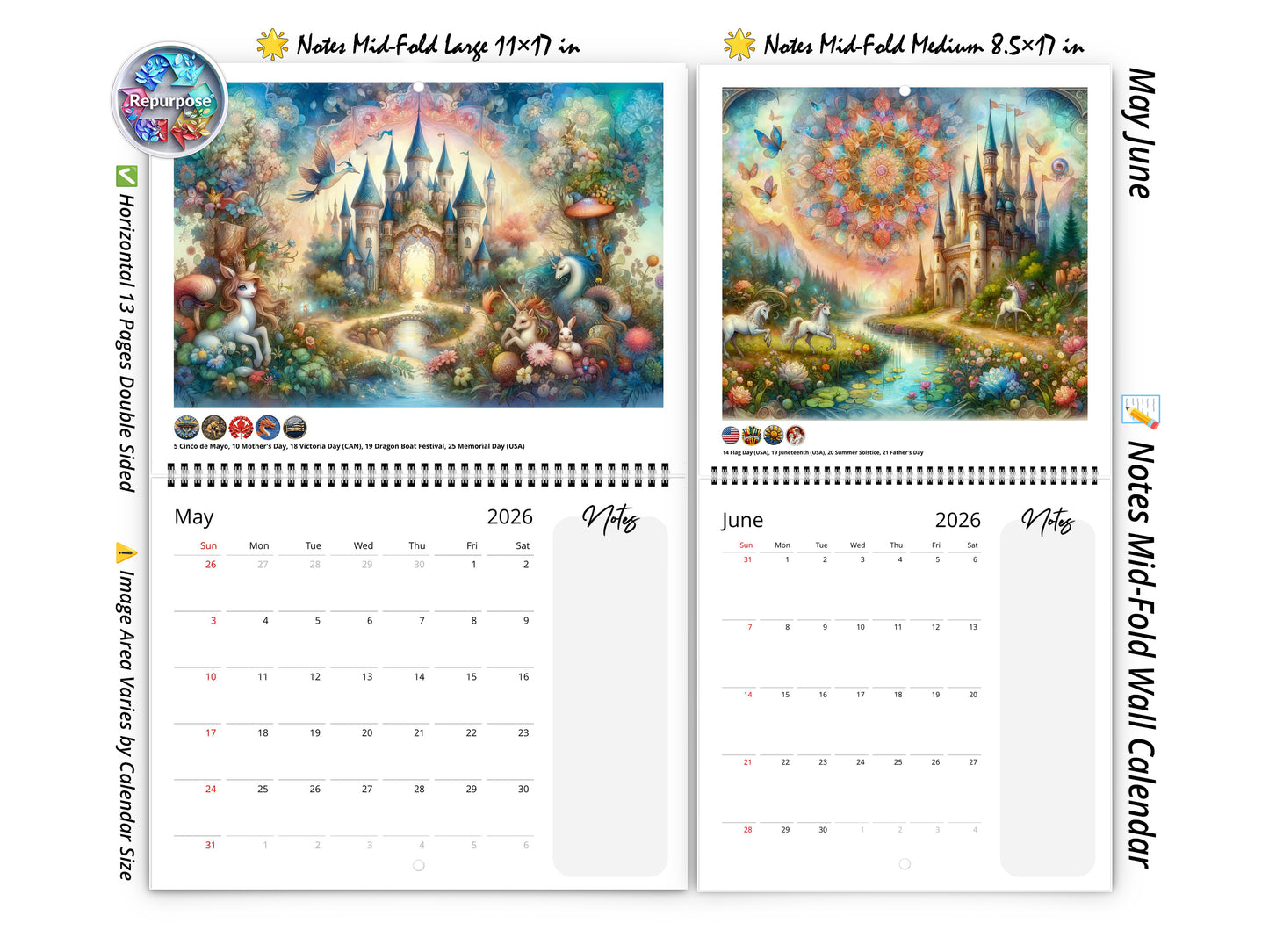 2026 Enchanted Moments Wall Calendar by Kaleidoscope Artisan – Magical Fairytale Realms with Holidays