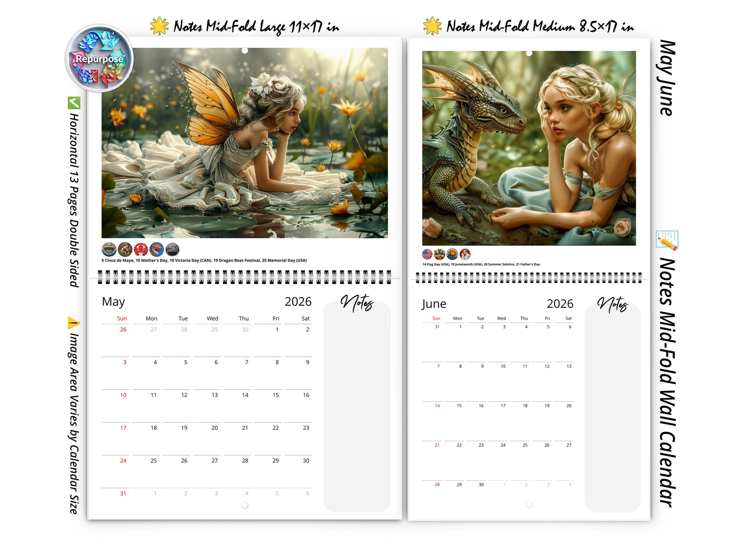 2026 Fairy Princess Wall Calendar by Kaleidoscope Artisan – Charming Fantasy with Holidays