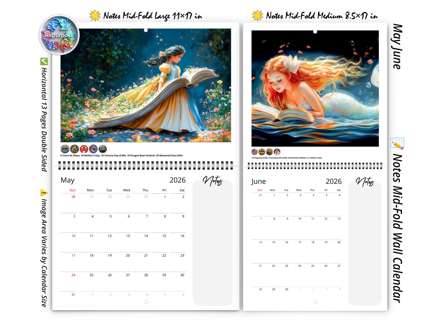 2026 Fairytale Books Wall Calendar by Kaleidoscope Artisan – Enchanted Stories with Holidays