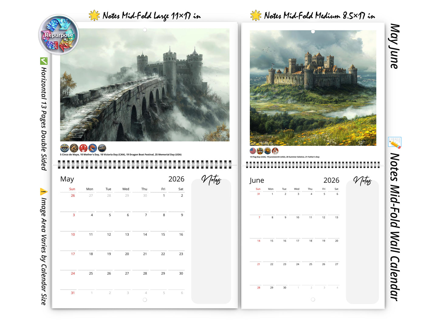 2026 Fantasy Castle Wall Calendar by Kaleidoscope Artisan – Mystical Kingdoms with Holidays