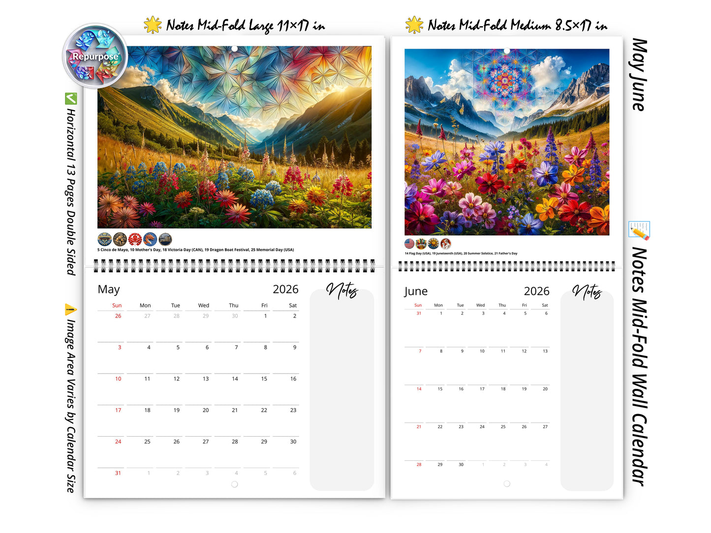 Calendario de pared de flores silvestres de montaña 2026 de Kaleidoscope Artisan: flores alpinas con festividades