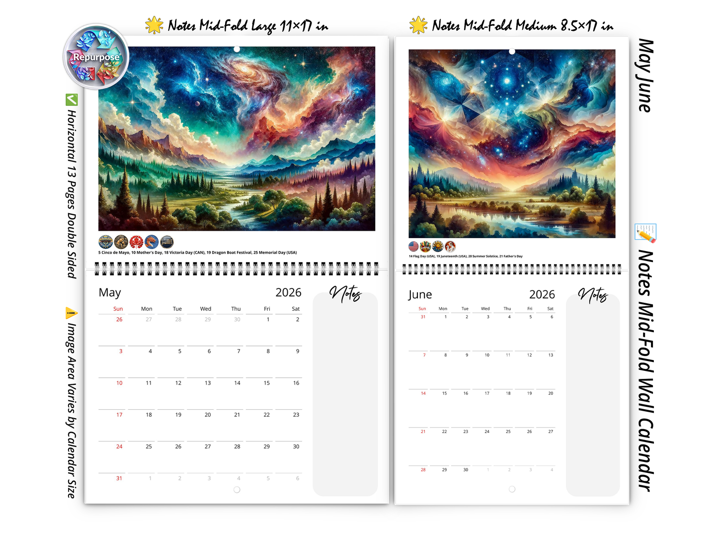 2026 Watercolor Horizons Wall Calendar by Kaleidoscope Artisan – Ethereal Landscape Art with Holidays
