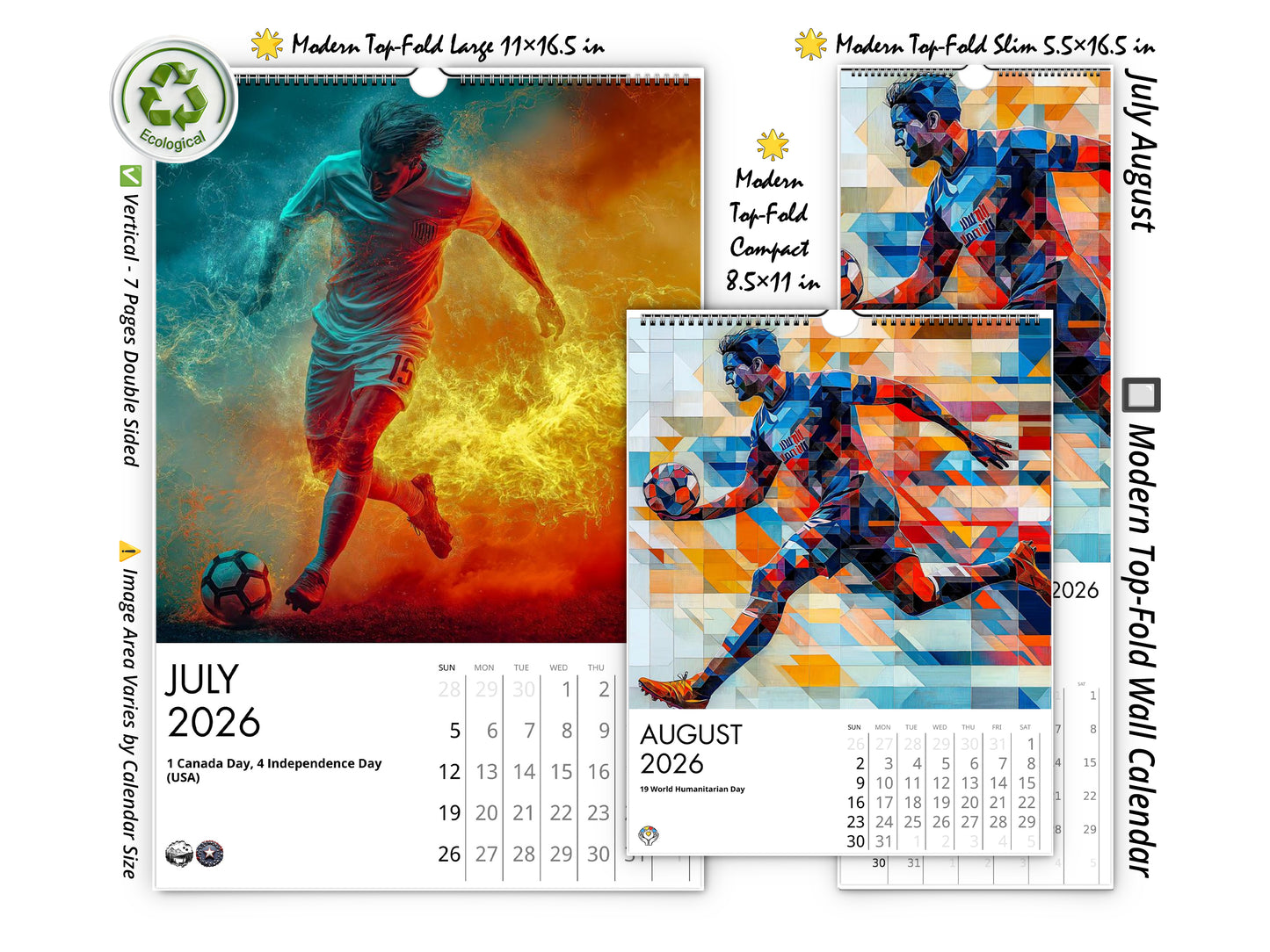 2026 Artistic Soccer Wall Calendar by Kaleidoscope Artisan – Dynamic Sports Art with Holidays