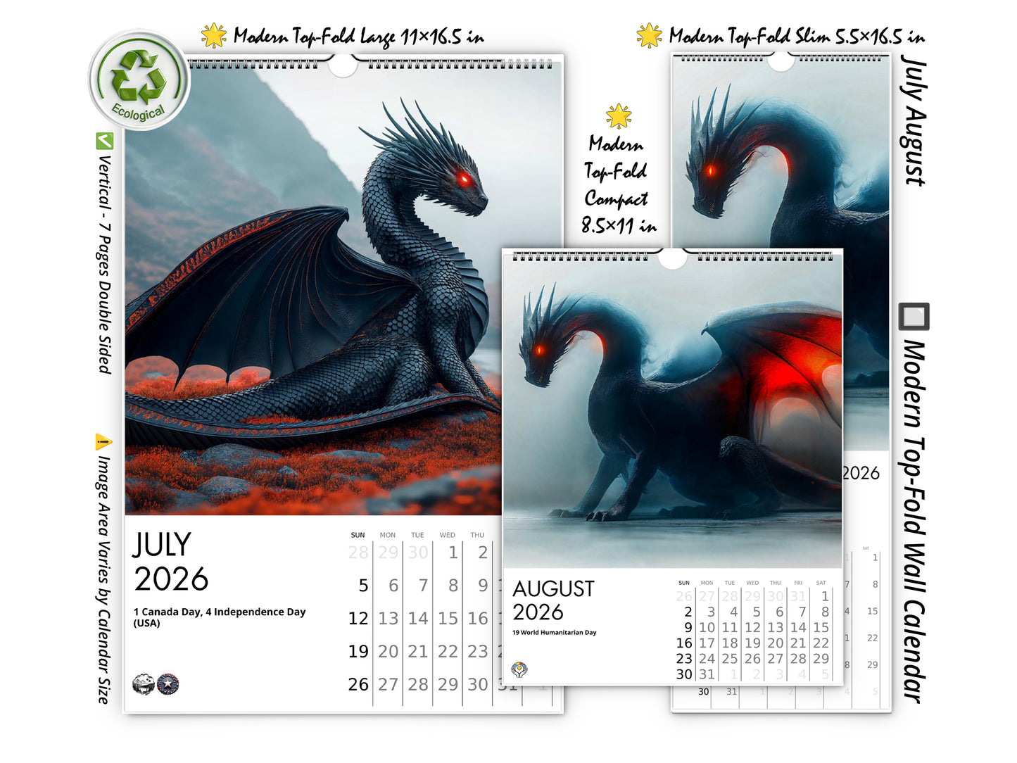 2026 Dragon Dark Wall Calendar by Kaleidoscope Artisan – Mystical Guardians of the Night with Holidays