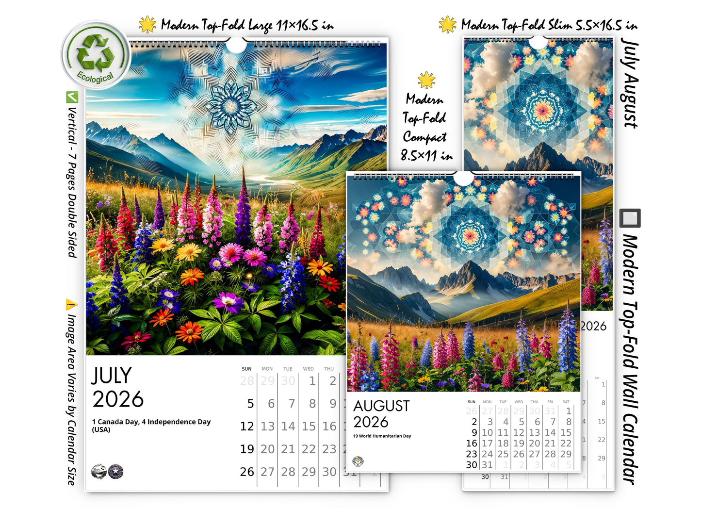 Calendario de pared de flores silvestres de montaña 2026 de Kaleidoscope Artisan: flores alpinas con festividades