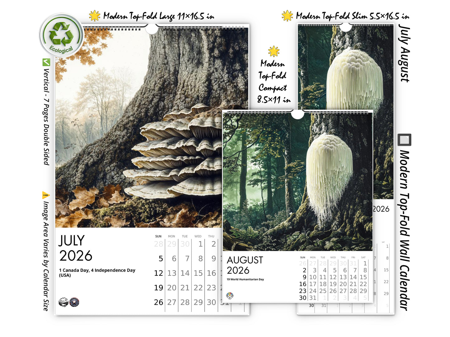 2026 Wild Mushrooms Wall Calendar by Kaleidoscope Artisan – Woodland Wonders with Holidays