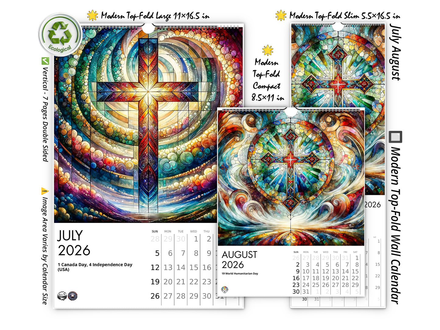 2026 Radiant Cross Wall Calendar by Kaleidoscope Artisan – Inspirational Art with Holidays