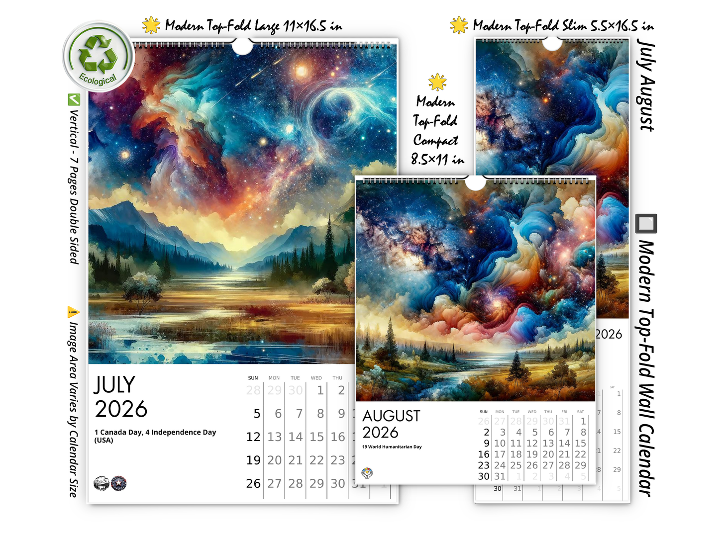 2026 Watercolor Horizons Wall Calendar by Kaleidoscope Artisan – Ethereal Landscape Art with Holidays