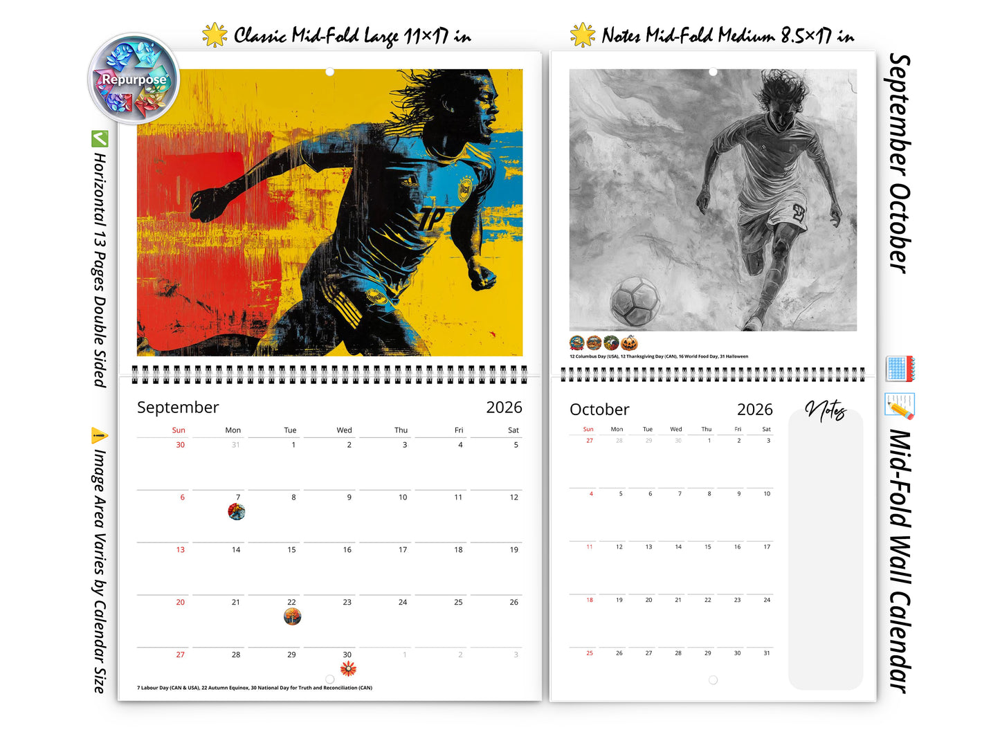 2026 Artistic Soccer Wall Calendar by Kaleidoscope Artisan – Dynamic Sports Art with Holidays