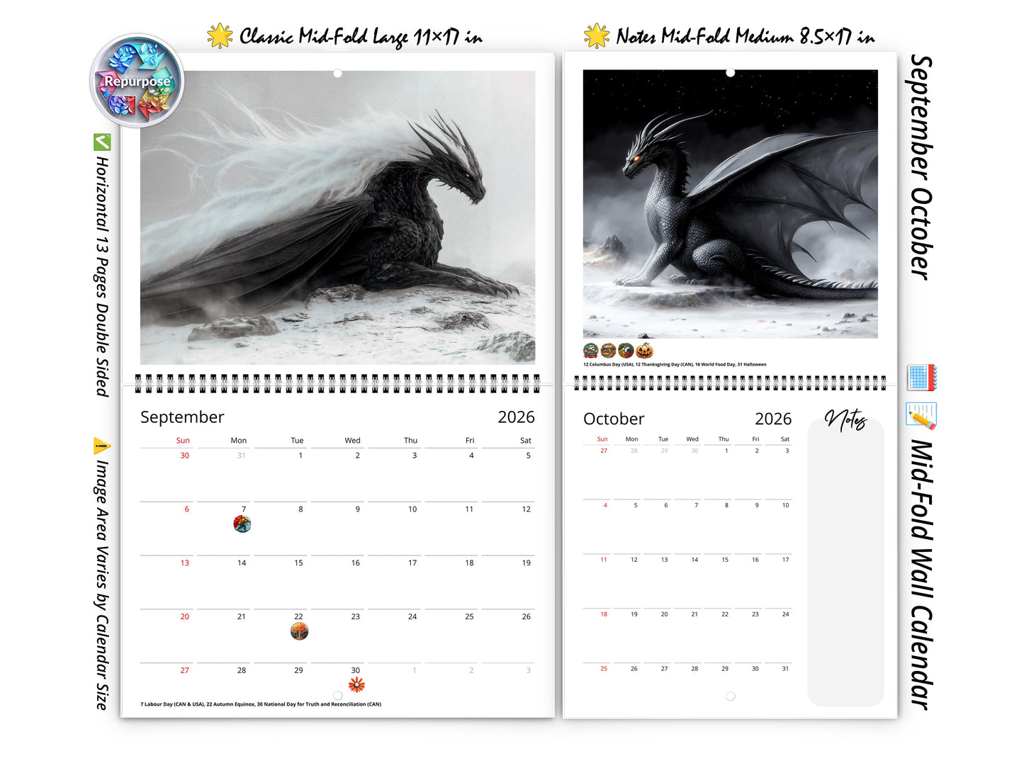 2026 Dragon Dark Wall Calendar by Kaleidoscope Artisan – Mystical Guardians of the Night with Holidays