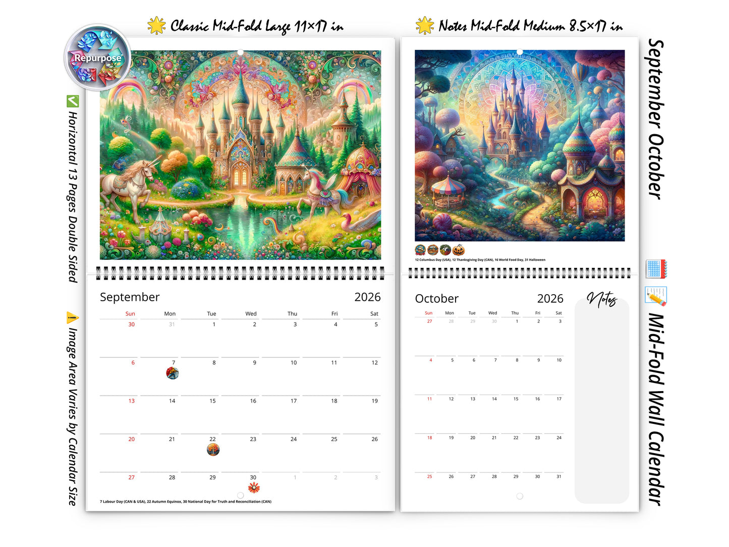 2026 Enchanted Moments Wall Calendar by Kaleidoscope Artisan – Magical Fairytale Realms with Holidays