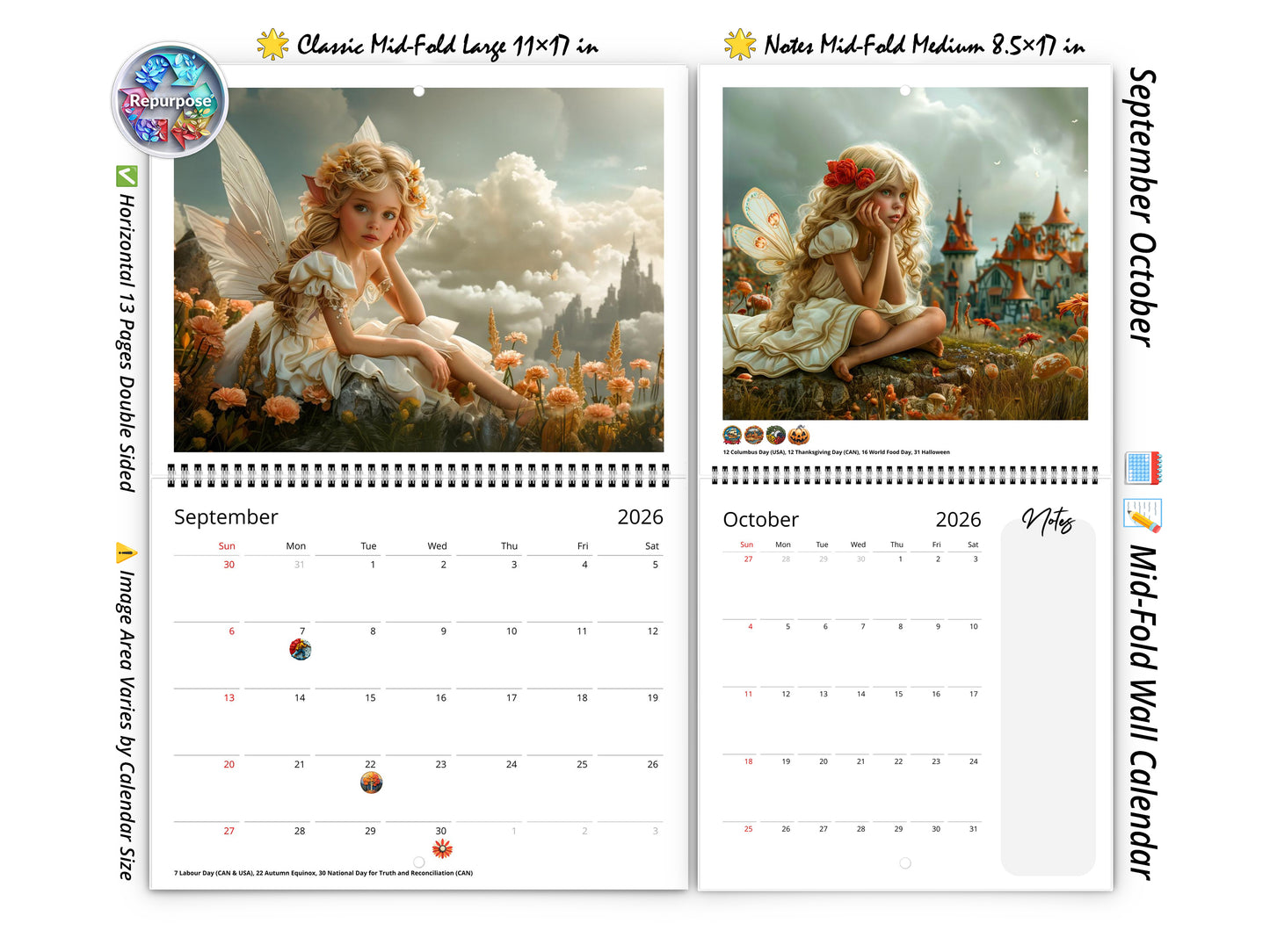 2026 Fairy Princess Wall Calendar by Kaleidoscope Artisan – Charming Fantasy with Holidays
