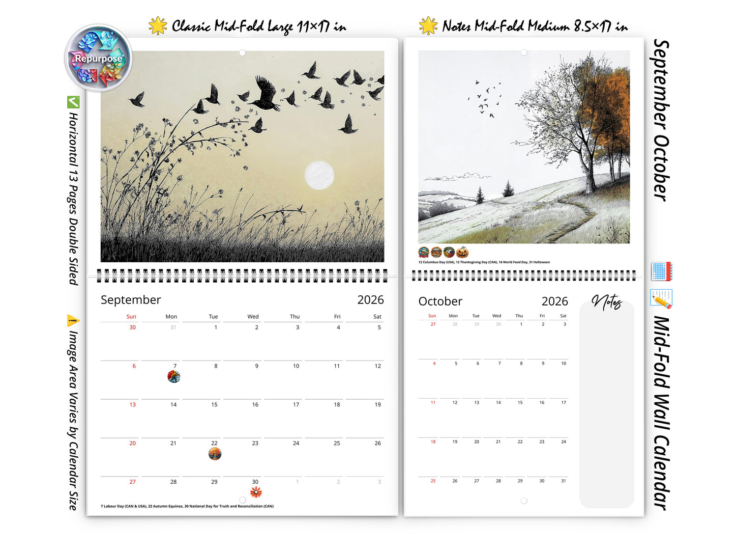 2026 Illustrated Moments Wall Calendar by Kaleidoscope Artisan – Captivating Artistic Scenes with Holidays
