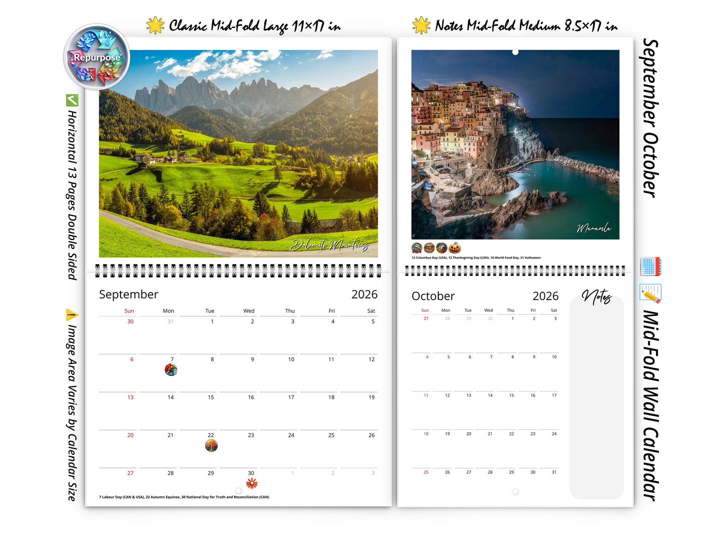 2026 Italy Vistas Photography Wall Calendar by Kaleidoscope Artisan – Captivating Landscapes with Holidays