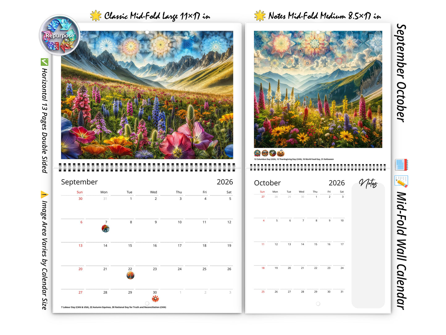 Calendario de pared de flores silvestres de montaña 2026 de Kaleidoscope Artisan: flores alpinas con festividades