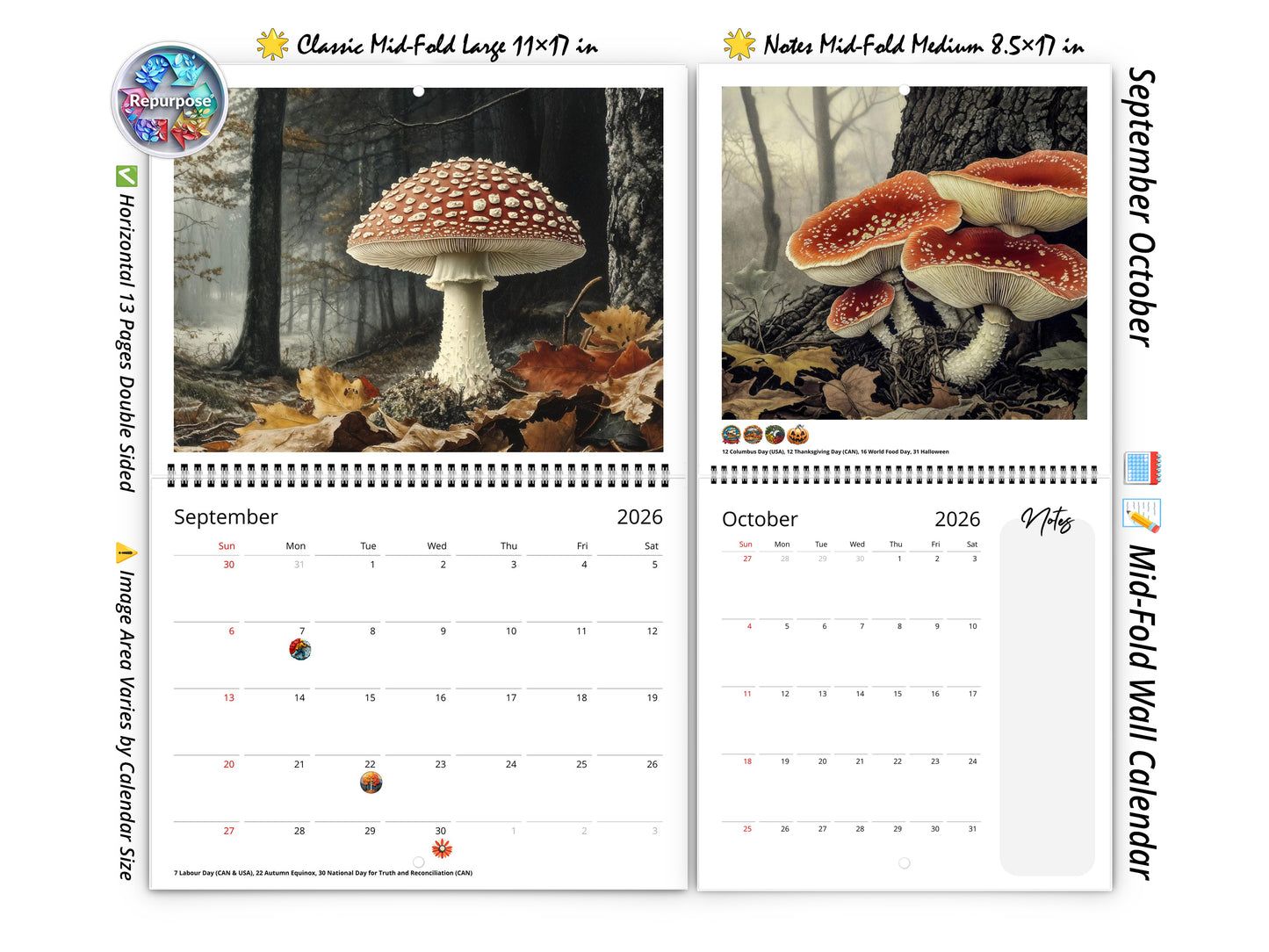 2026 Wild Mushrooms Wall Calendar by Kaleidoscope Artisan – Woodland Wonders with Holidays