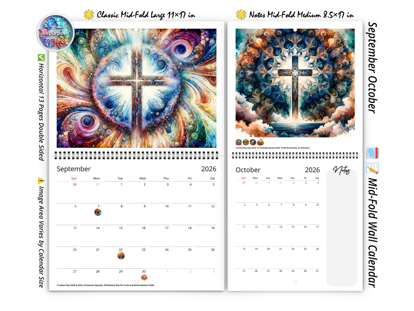 2026 Radiant Cross Wall Calendar by Kaleidoscope Artisan – Inspirational Art with Holidays