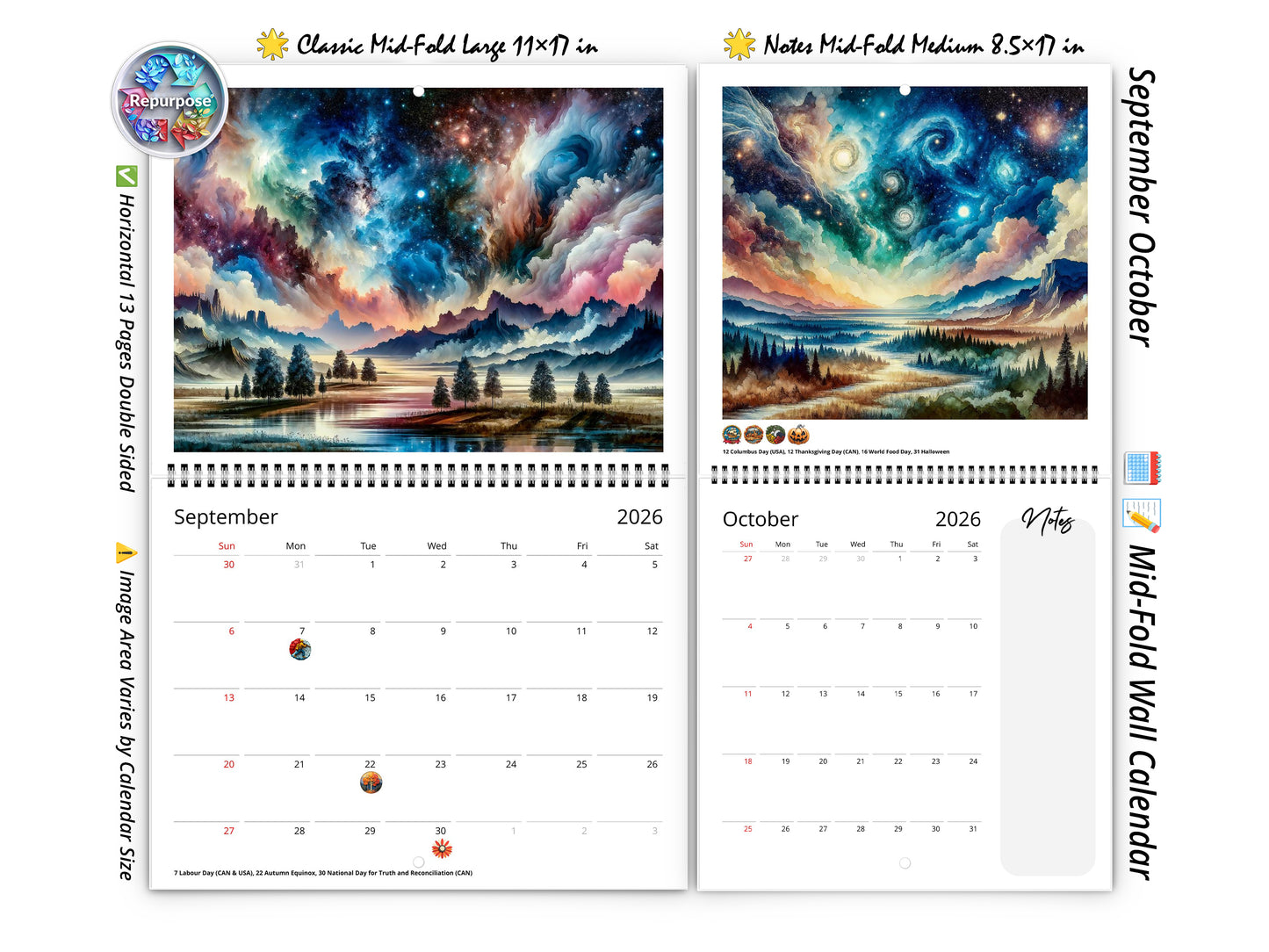 2026 Watercolor Horizons Wall Calendar by Kaleidoscope Artisan – Ethereal Landscape Art with Holidays