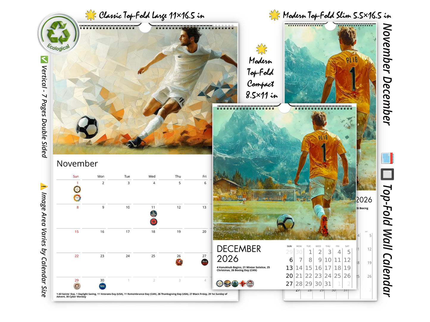 2026 Artistic Soccer Wall Calendar by Kaleidoscope Artisan – Dynamic Sports Art with Holidays